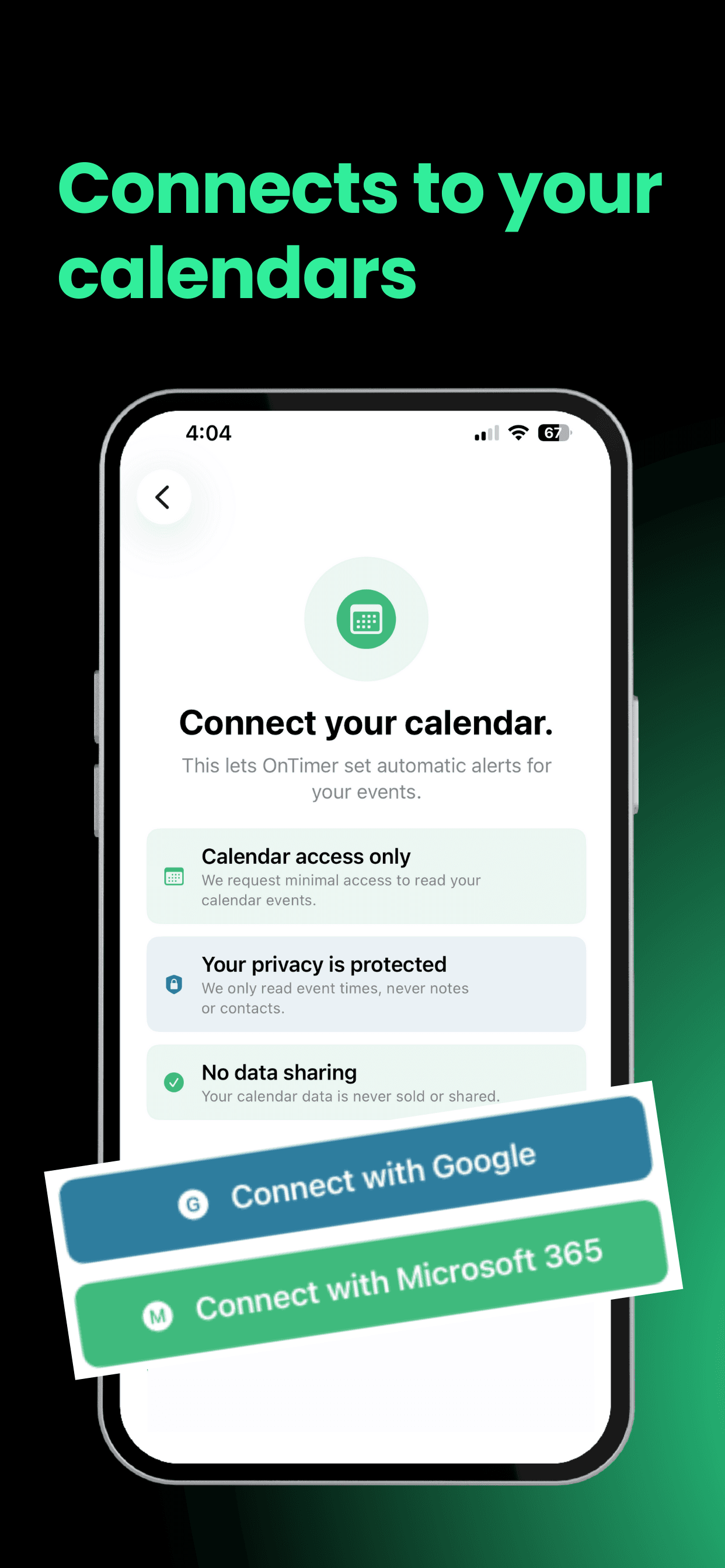 OnTimer calendar connection screen explaining calendar access
