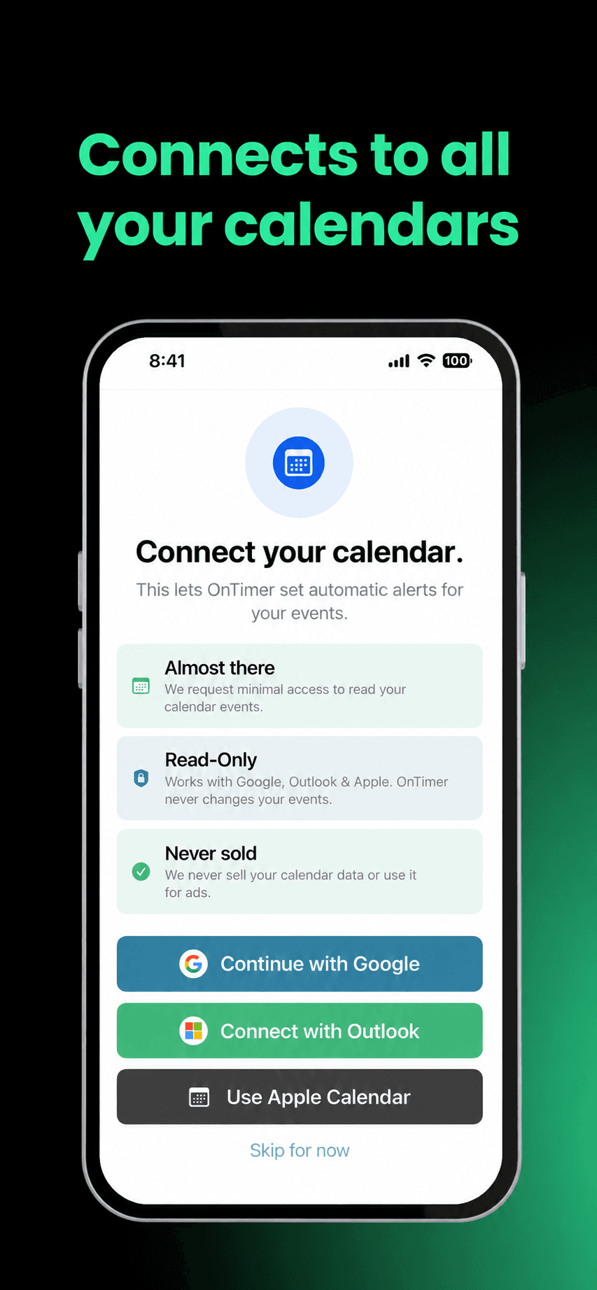 OnTimer options for connecting Google, Outlook, and Apple calendars
