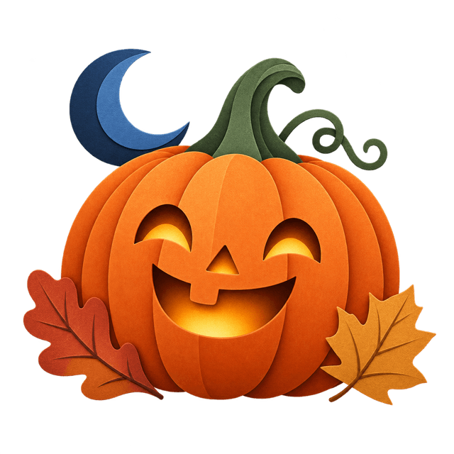 A cheerful jack-o’-lantern beneath a crescent moon