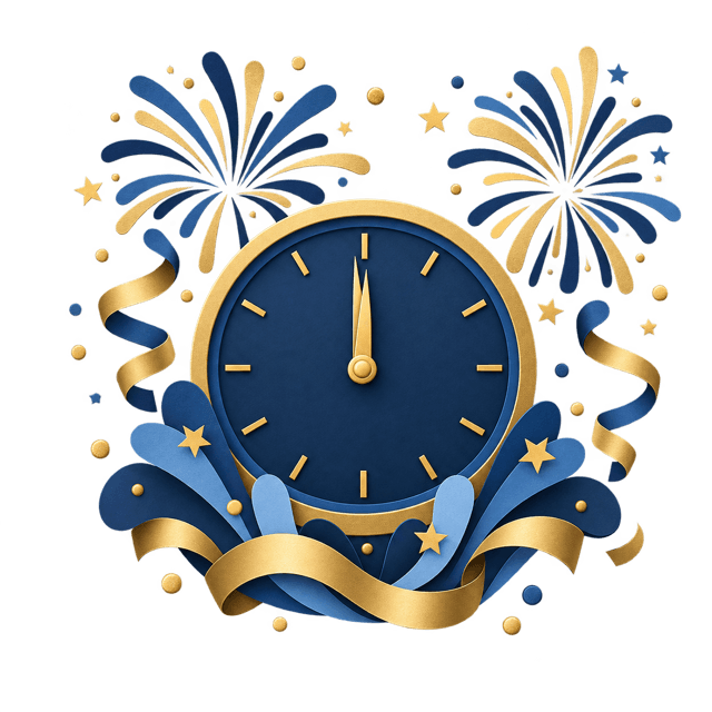 A midnight clock with fireworks and confetti
