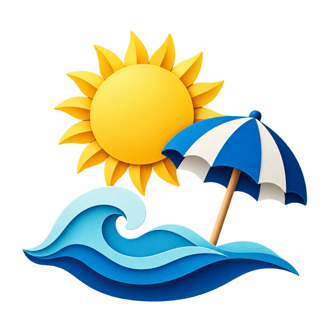 A bright sun, ocean wave, and beach umbrella
