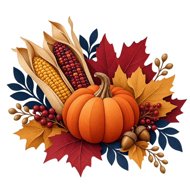 A fall harvest arrangement with a pumpkin, corn, and colorful leaves