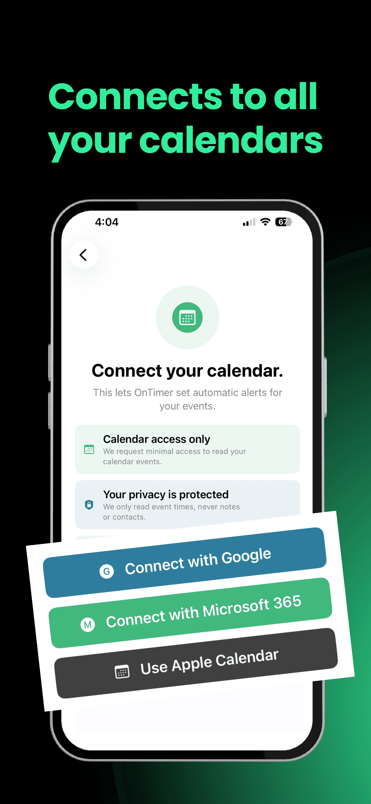 OnTimer options for connecting Google, Microsoft 365, and Apple calendars