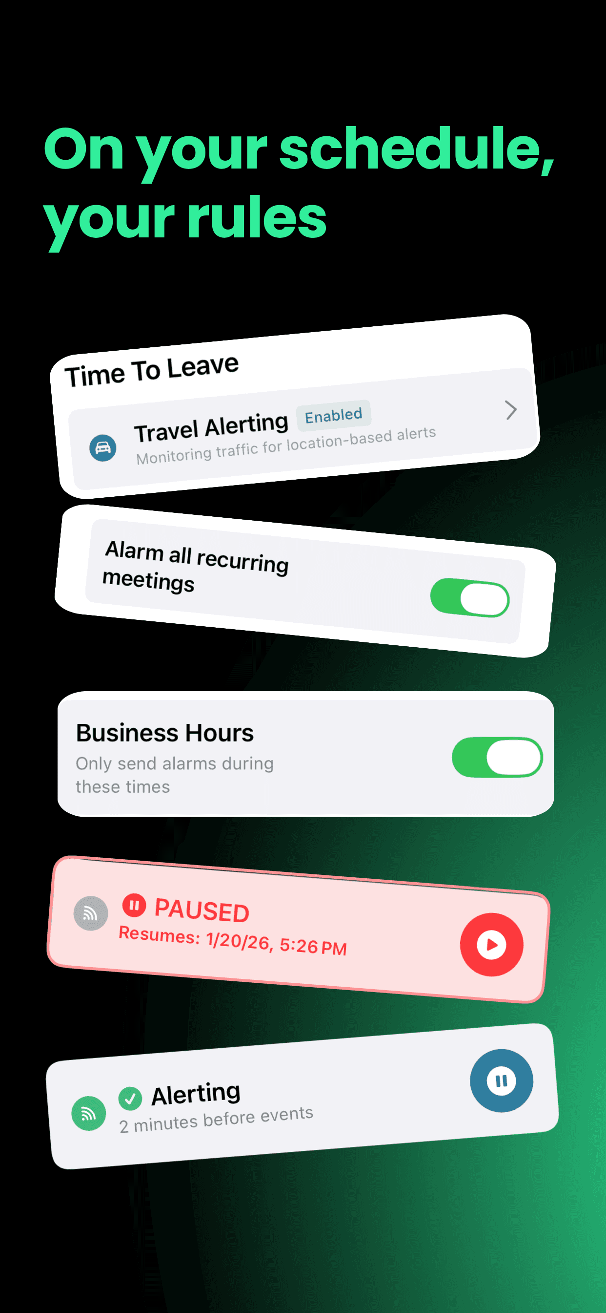 OnTimer controls for travel alerts, recurring meetings, business hours, and pausing
