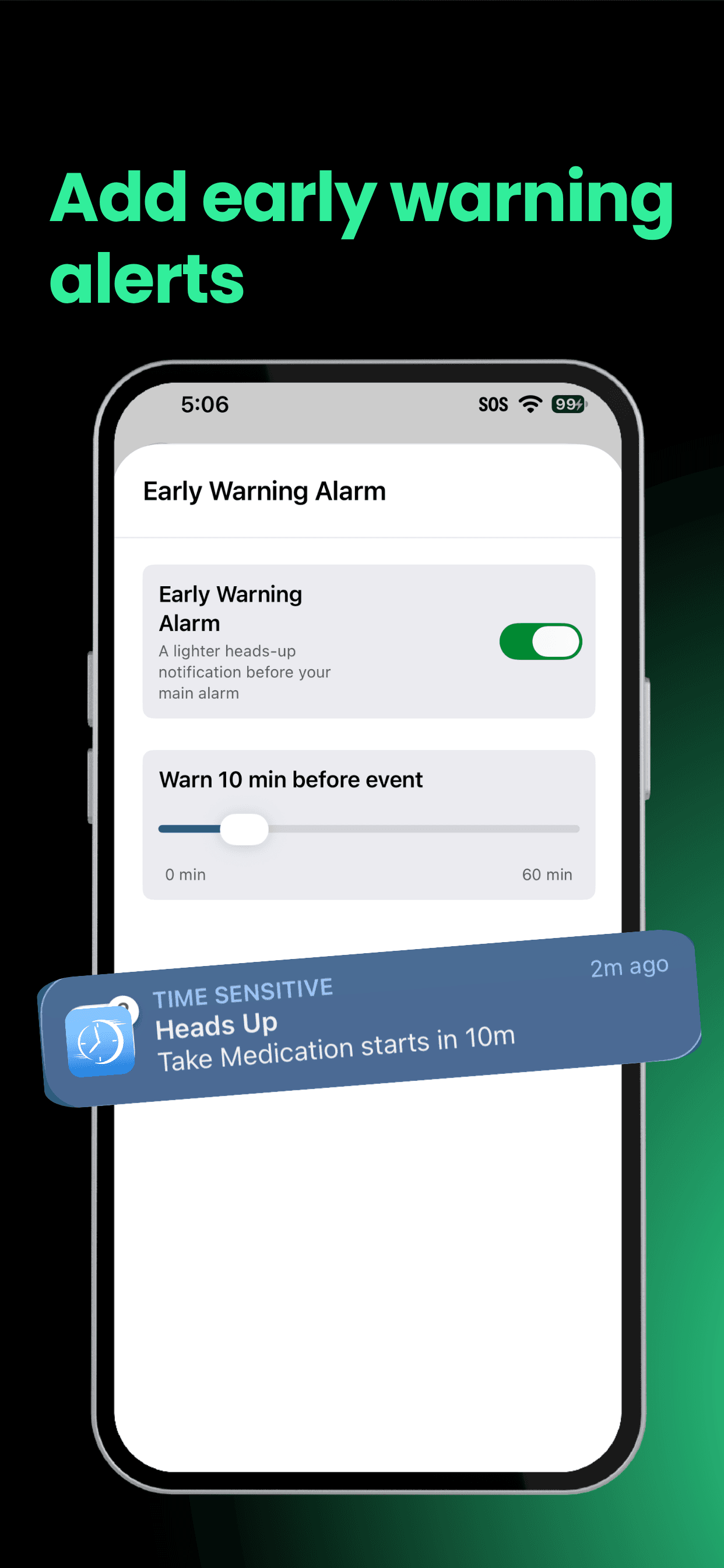 OnTimer early warning alarm settings