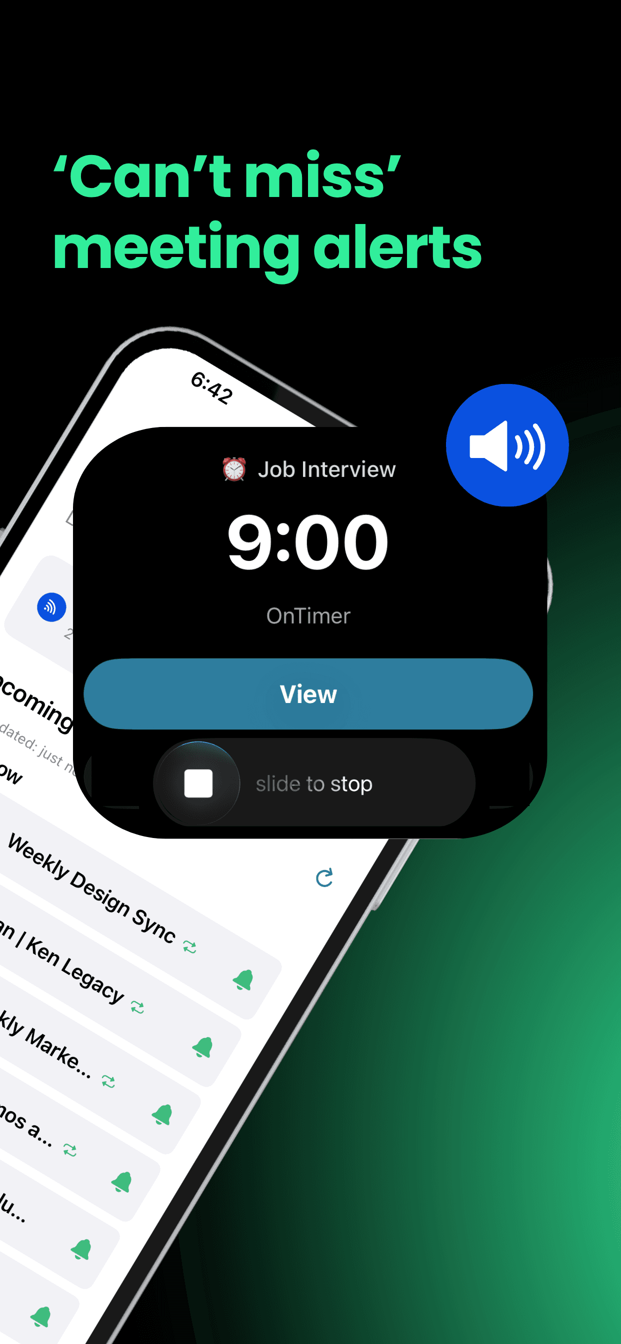 OnTimer persistent meeting alarm on an iPhone
