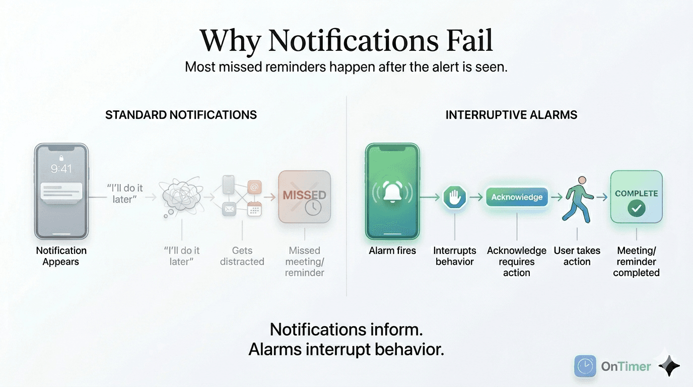 Behavioral framework showing why standard notifications fail while interruptive alarms drive action and follow-through.
