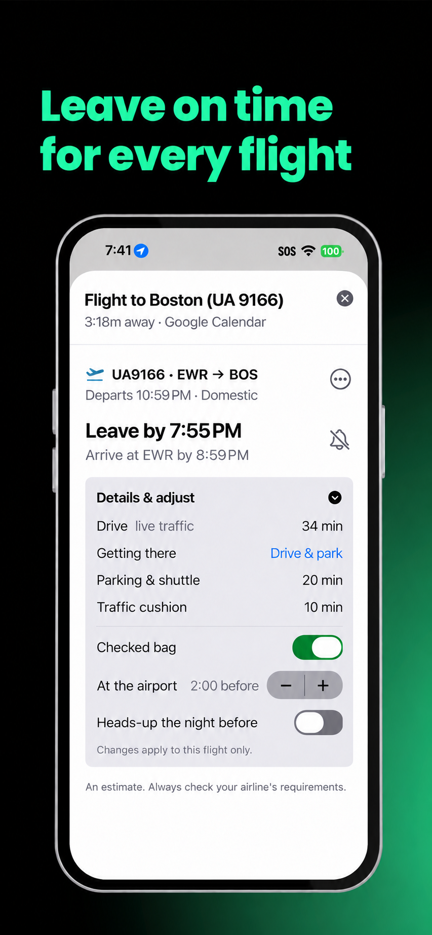 OnTimer Time To Fly controls for a flight on iPhone